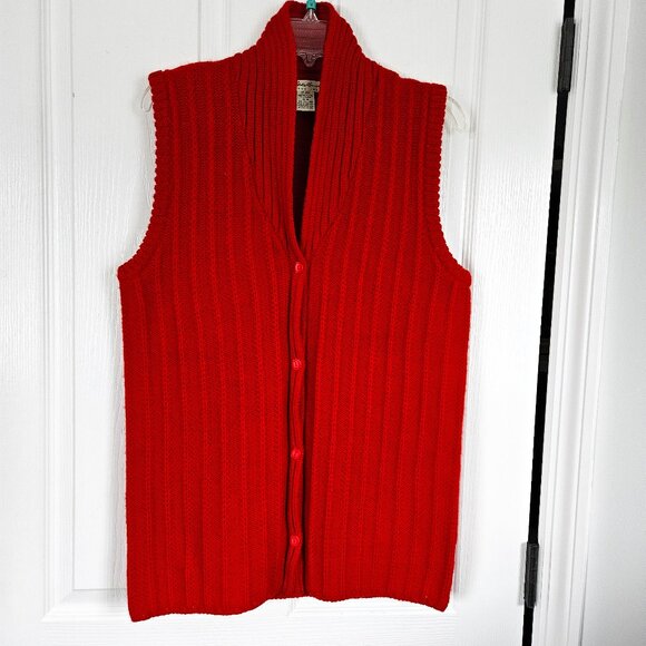 Eddie Bauer Wool Shawl Collar Sweater Vest Medium Tall MT Women Red Button Front - Picture 1 of 15